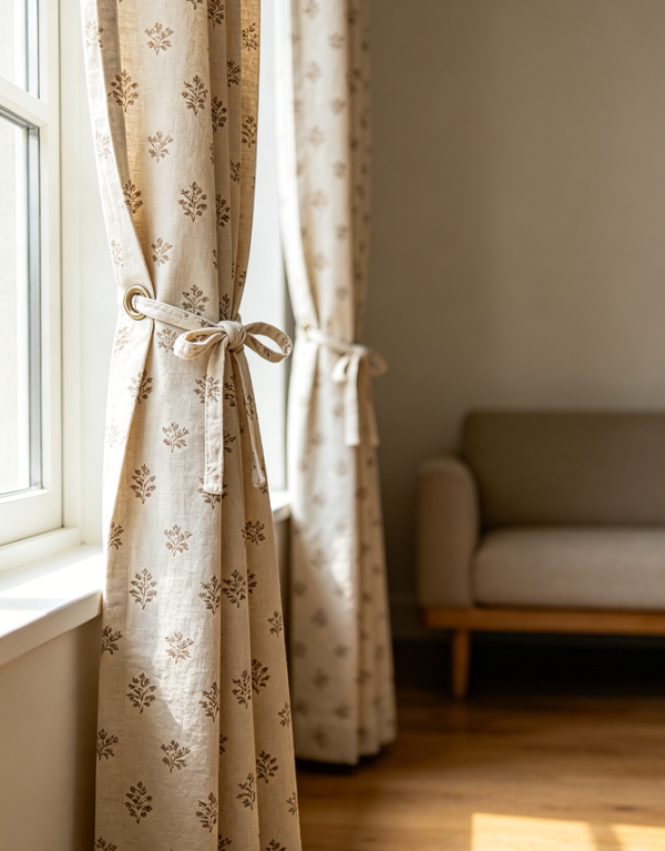 100% Cotton Printed Curtain Set with Tie Backs